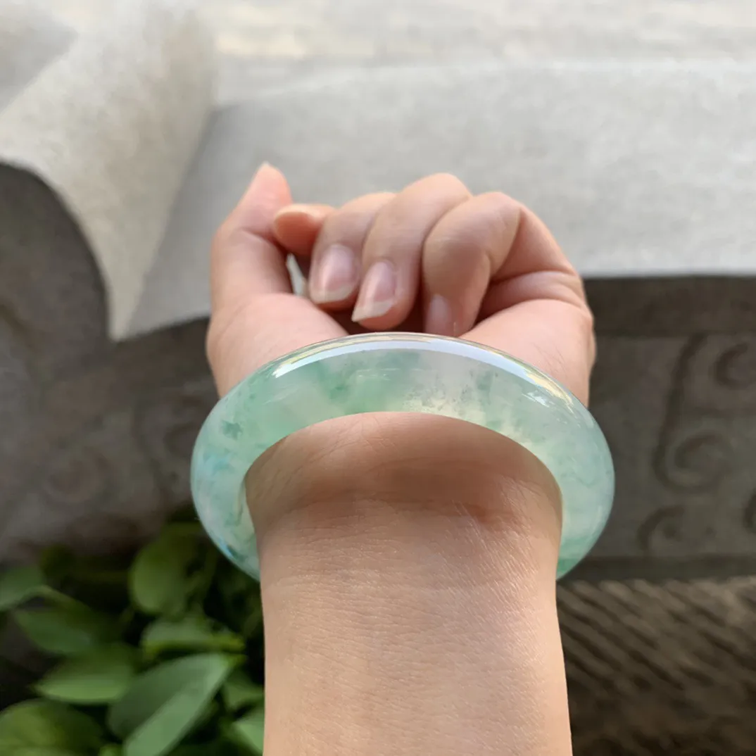 小圈口53.8-12-8.5 【冰种飘绿花正圈手镯】正圈53 54可戴