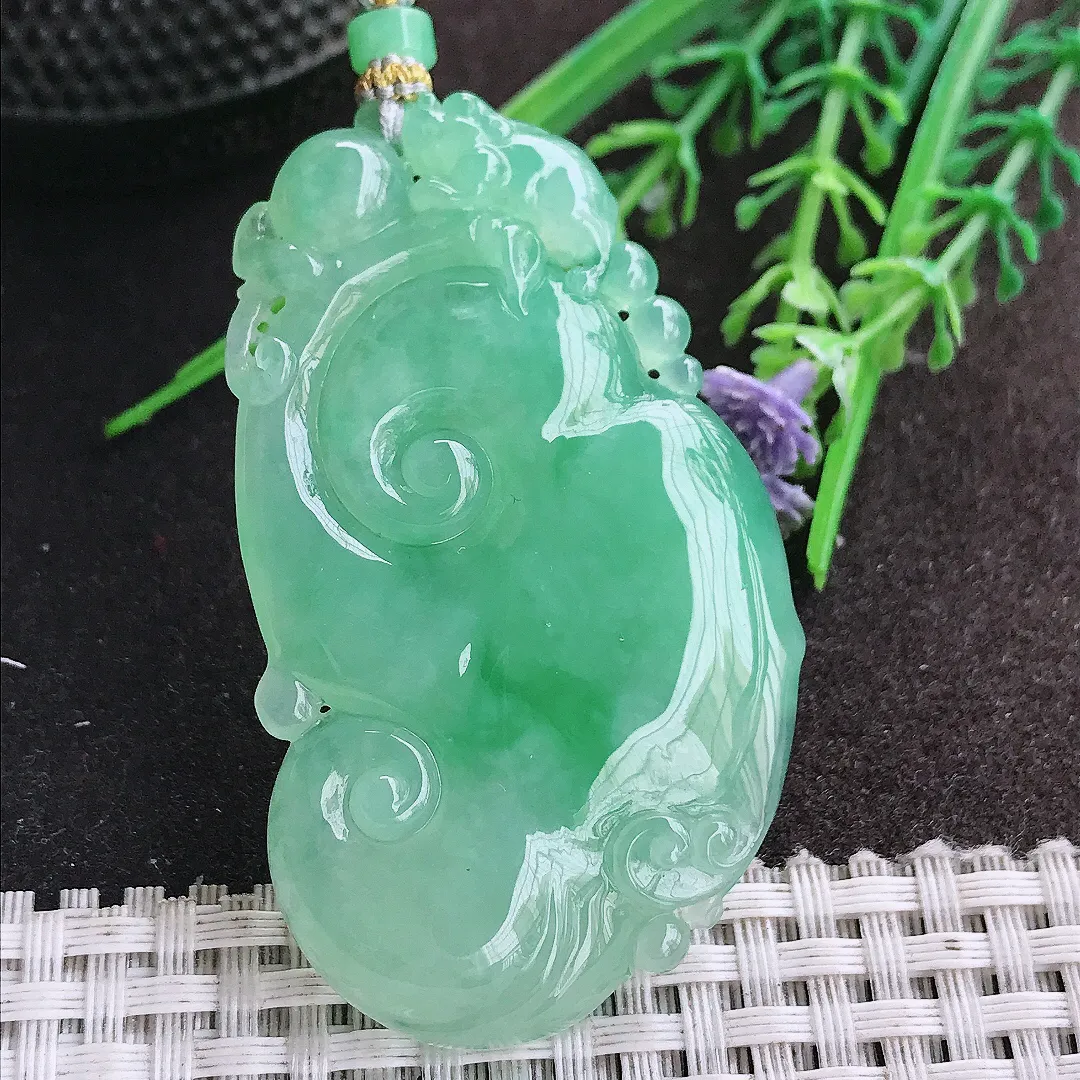 实拍A货翡翠60/35.3/7.2老坑冰胶果冻冰晴满绿大如意吊坠翡翠挂件毛衣链