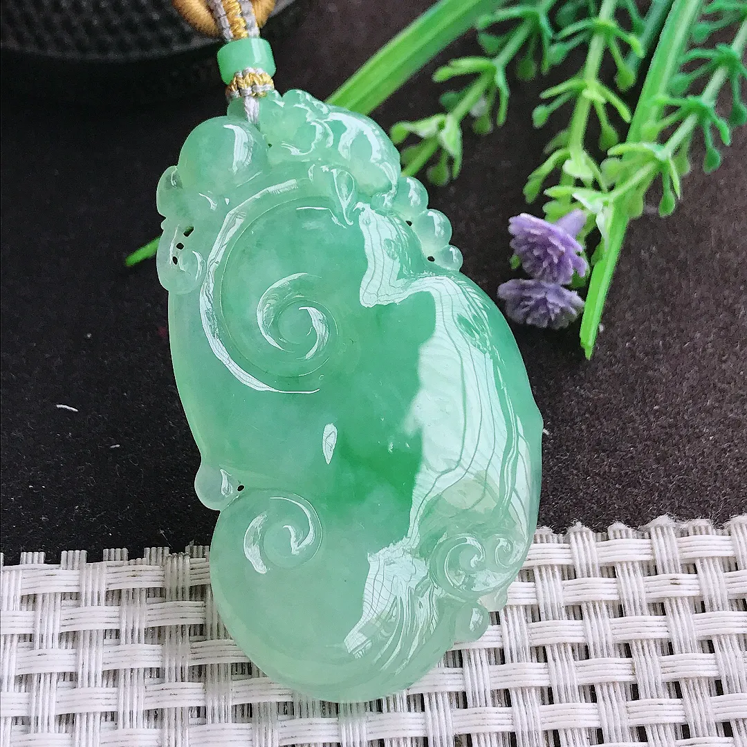 实拍A货翡翠60/35.3/7.2老坑冰胶果冻冰晴满绿大如意吊坠翡翠挂件毛衣链
