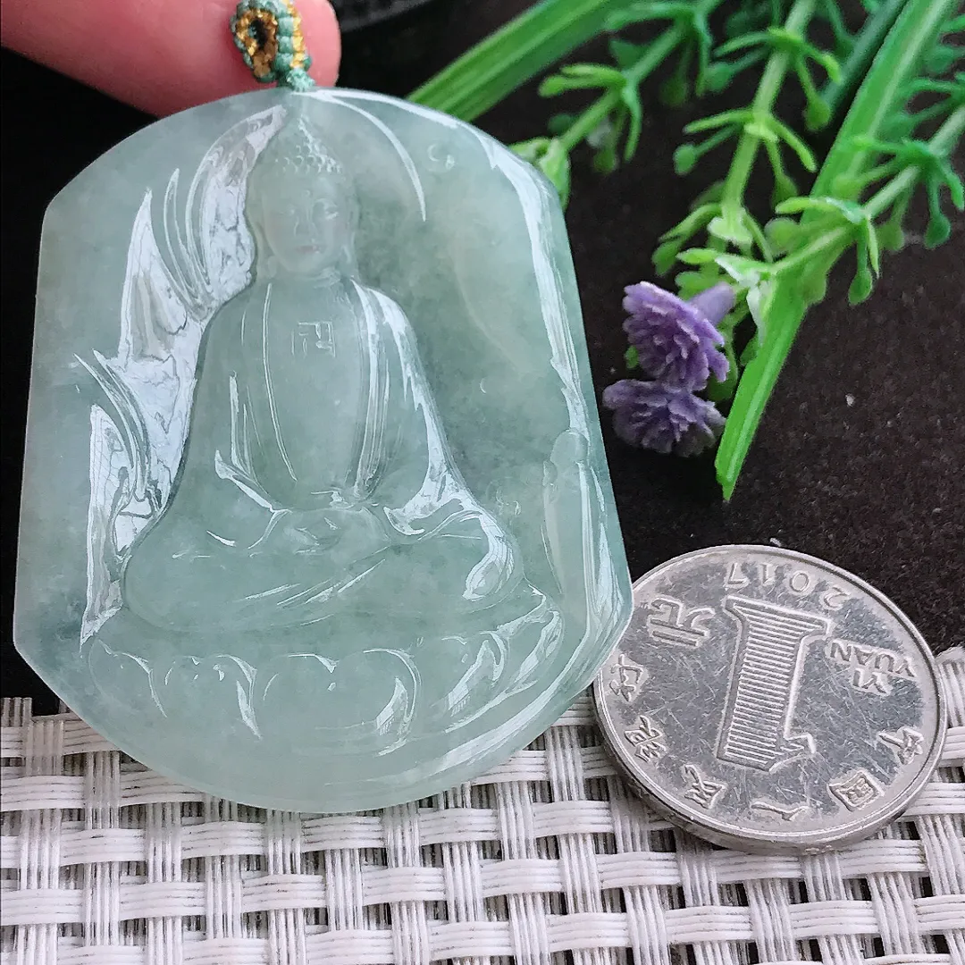 实拍A货翡翠51.3/43.7/4.8老坑冰胶水灵冰晴大日如来佛祖吊坠翡翠挂件