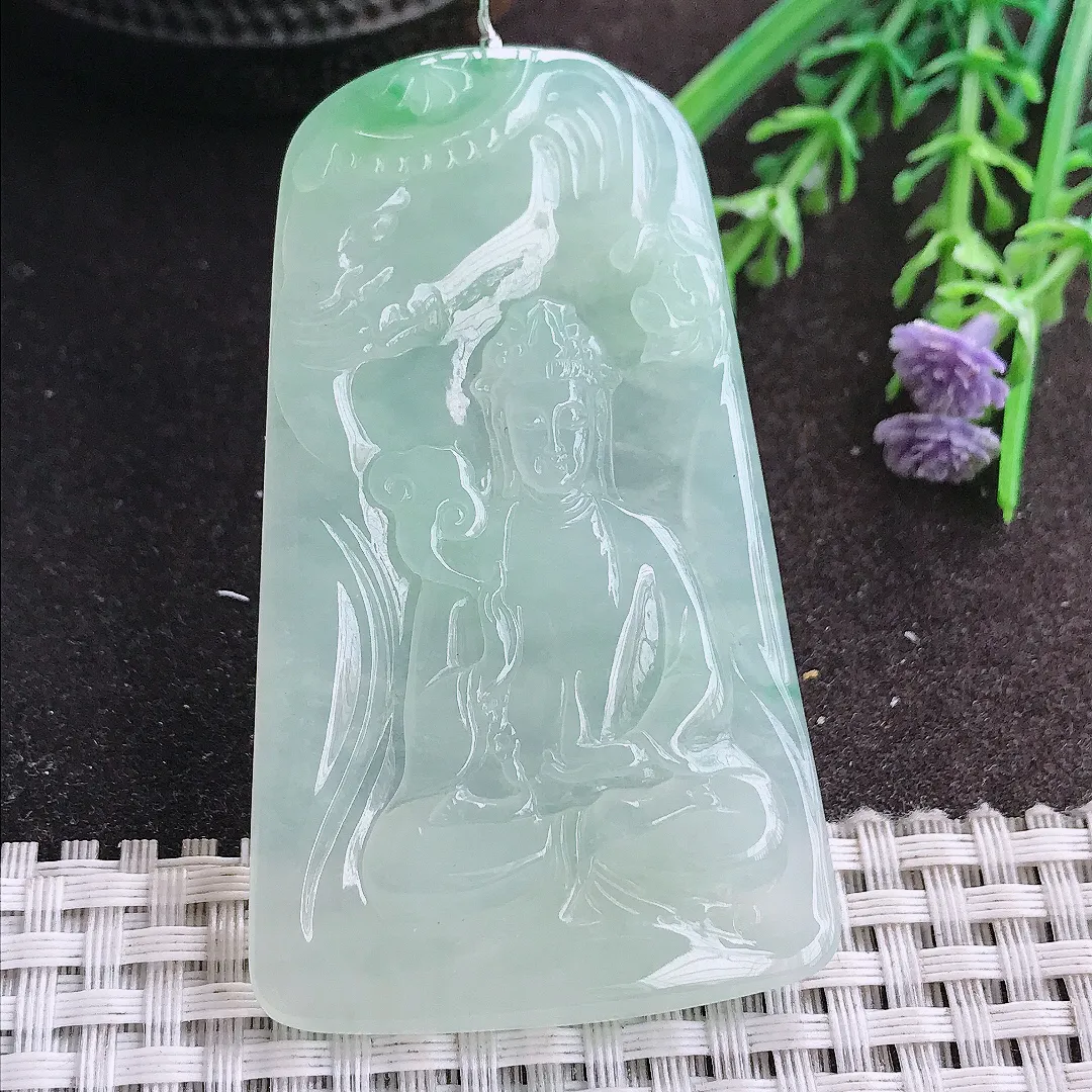 实拍A货翡翠65.5/39/5.9老坑冰胶果冻冰晴甜绿普贤菩萨吊坠翡翠挂件