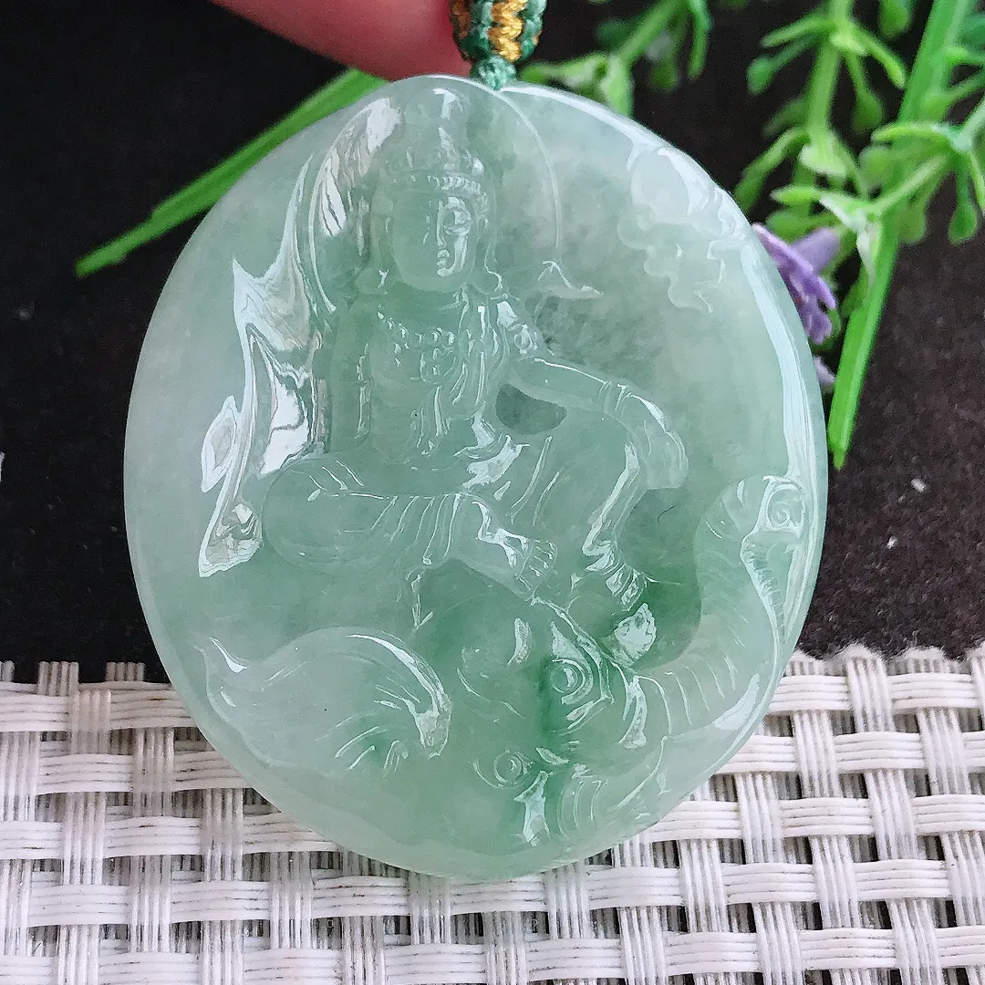 实拍A货翡翠48/42.3/6老坑冰胶水灵冰晴甜绿普贤菩萨吊坠翡翠挂件