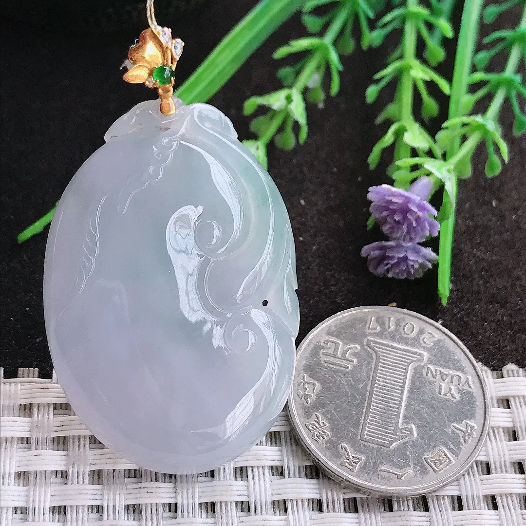 实拍A货翡翠43/29.2/5.9老坑18k金镶嵌冰胶紫罗兰如意冰胶吊坠翡翠玉如意