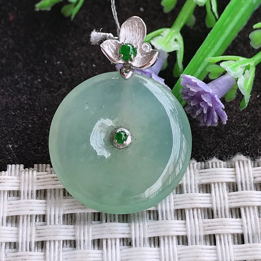 实拍A货翡翠21.4/4.5老坑18k金镶嵌冰种冰晴平安扣吊坠翡翠挂件