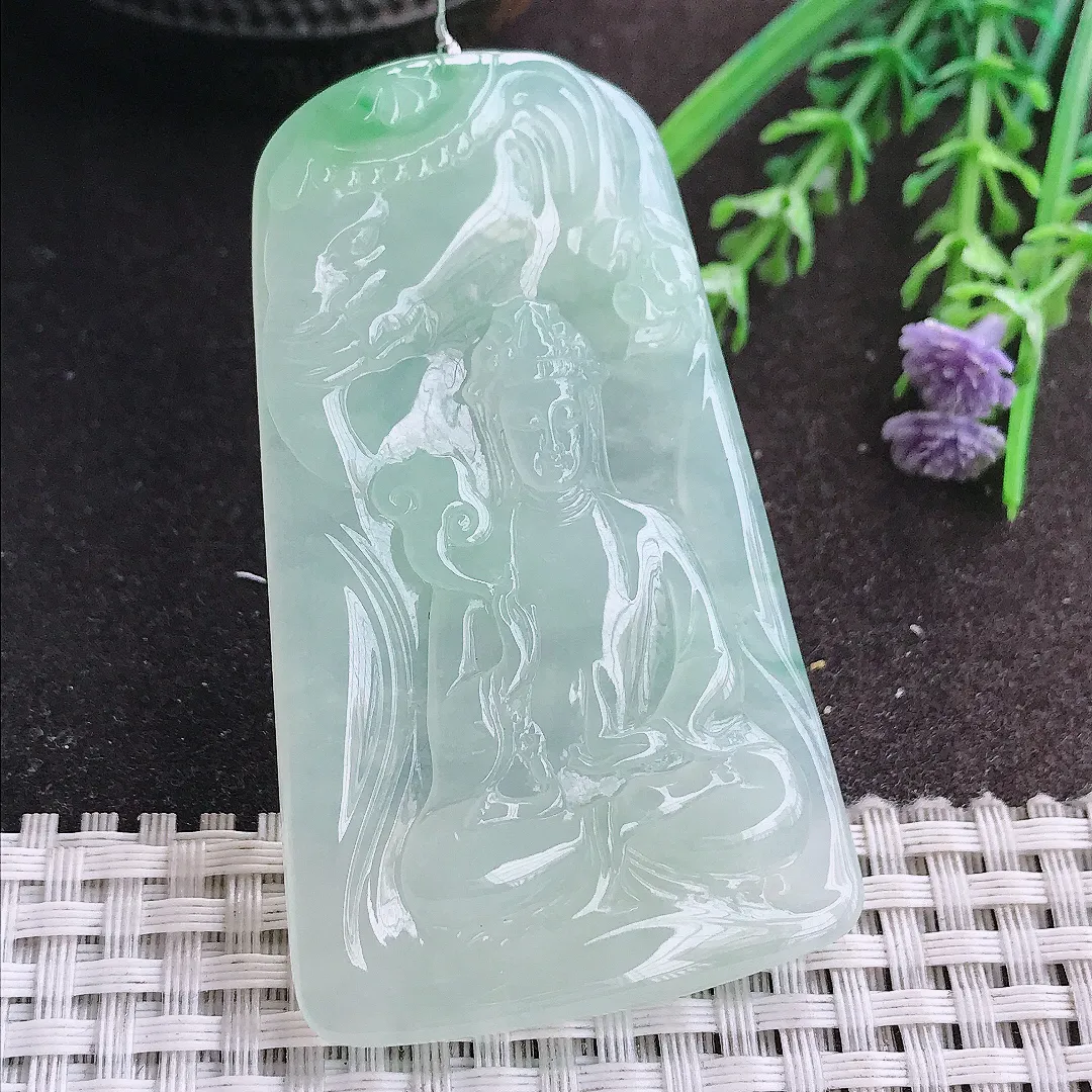 实拍A货翡翠65.5/39/5.9老坑冰胶果冻冰晴甜绿普贤菩萨吊坠翡翠挂件