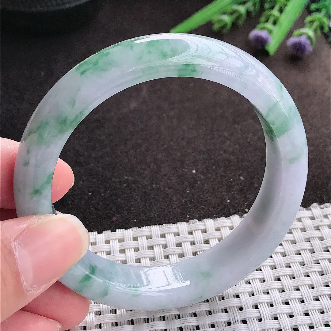实拍A货翡翠56/13.2/8.5老坑冰胶水灵紫罗兰飘花手镯宽边翡翠玉镯女款