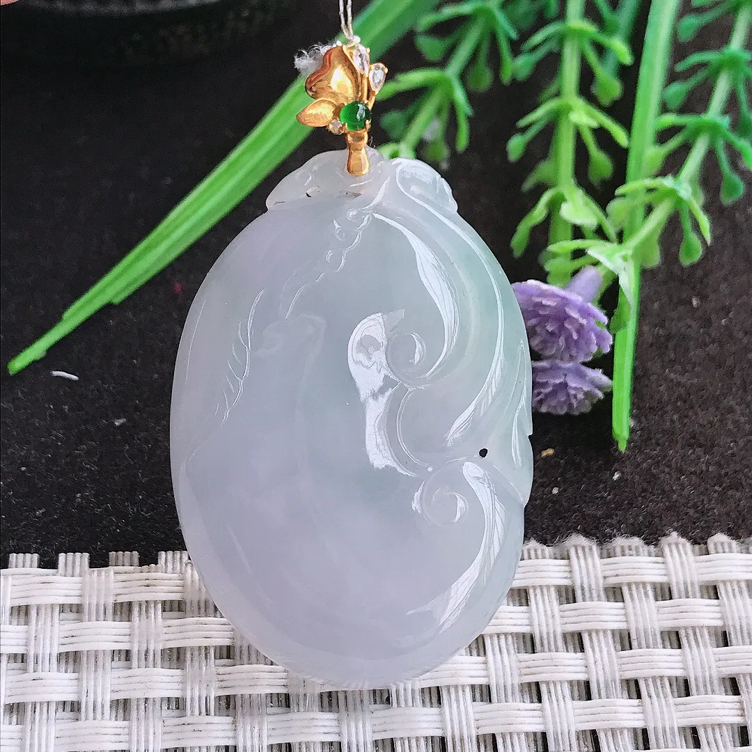 实拍A货翡翠43/29.2/5.9老坑18k金镶嵌冰胶紫罗兰如意冰胶吊坠翡翠玉如意