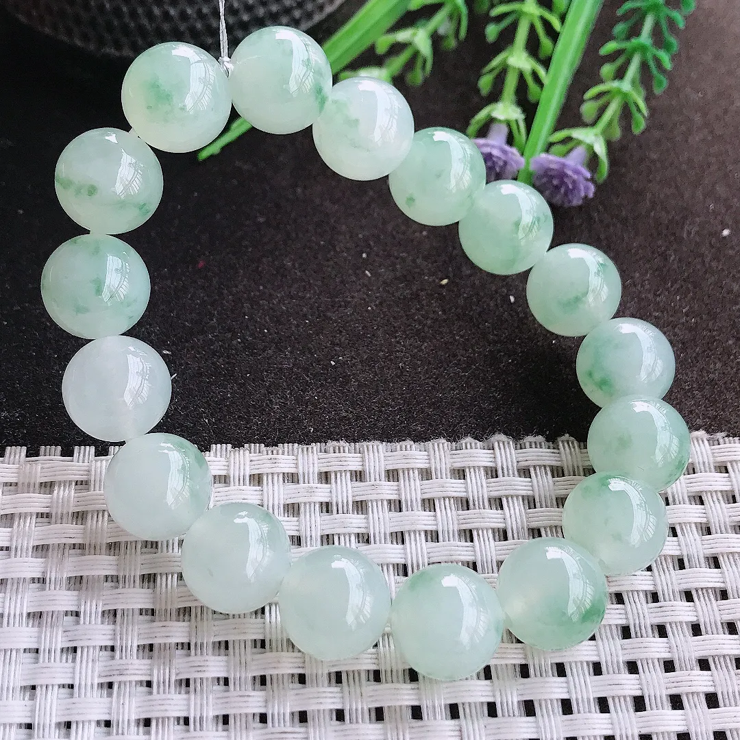 实拍A货翡翠12.1/17颗老坑冰胶果冻冰飘花圆珠手链玉珠手串男款女款