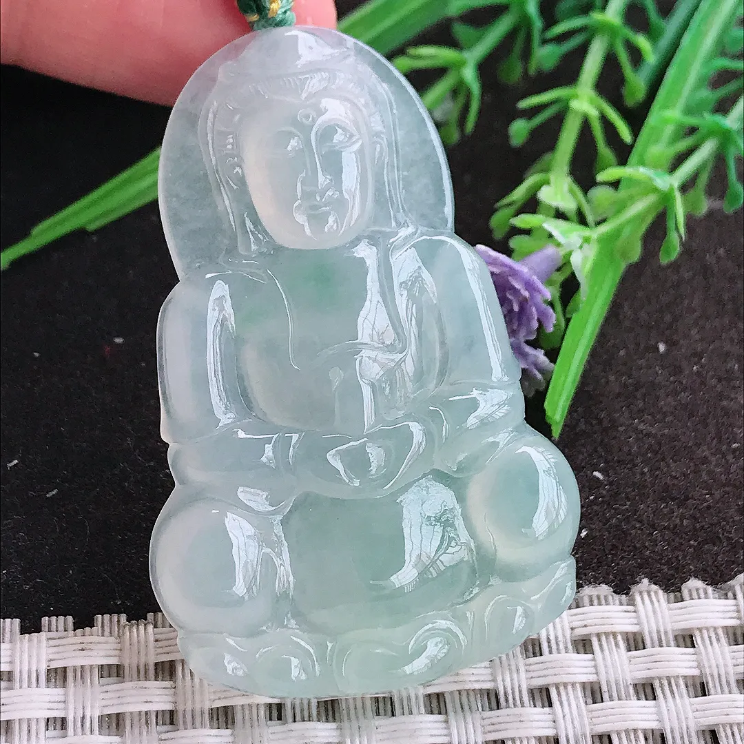 实拍A货翡翠52.5/34.5/5.8老坑冰种果冻胶冰晴正装观音吊坠翡翠玉观音挂件