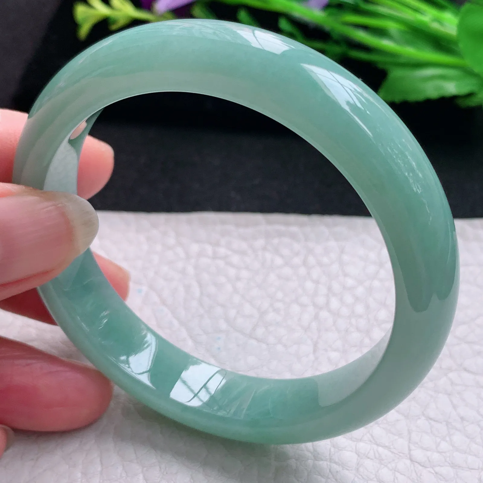 js实拍56*12.5*7.8平安镯 天然缅甸翡翠冰胶蓝韵水润玉手镯 宽边玉手环