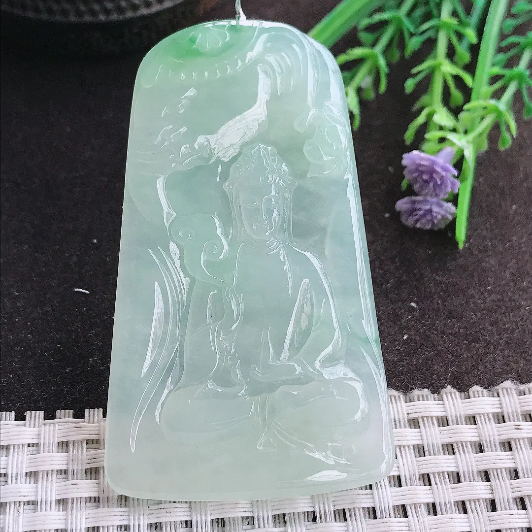 实拍A货翡翠65.5/39/5.9老坑冰胶果冻冰晴甜绿普贤菩萨吊坠翡翠挂件