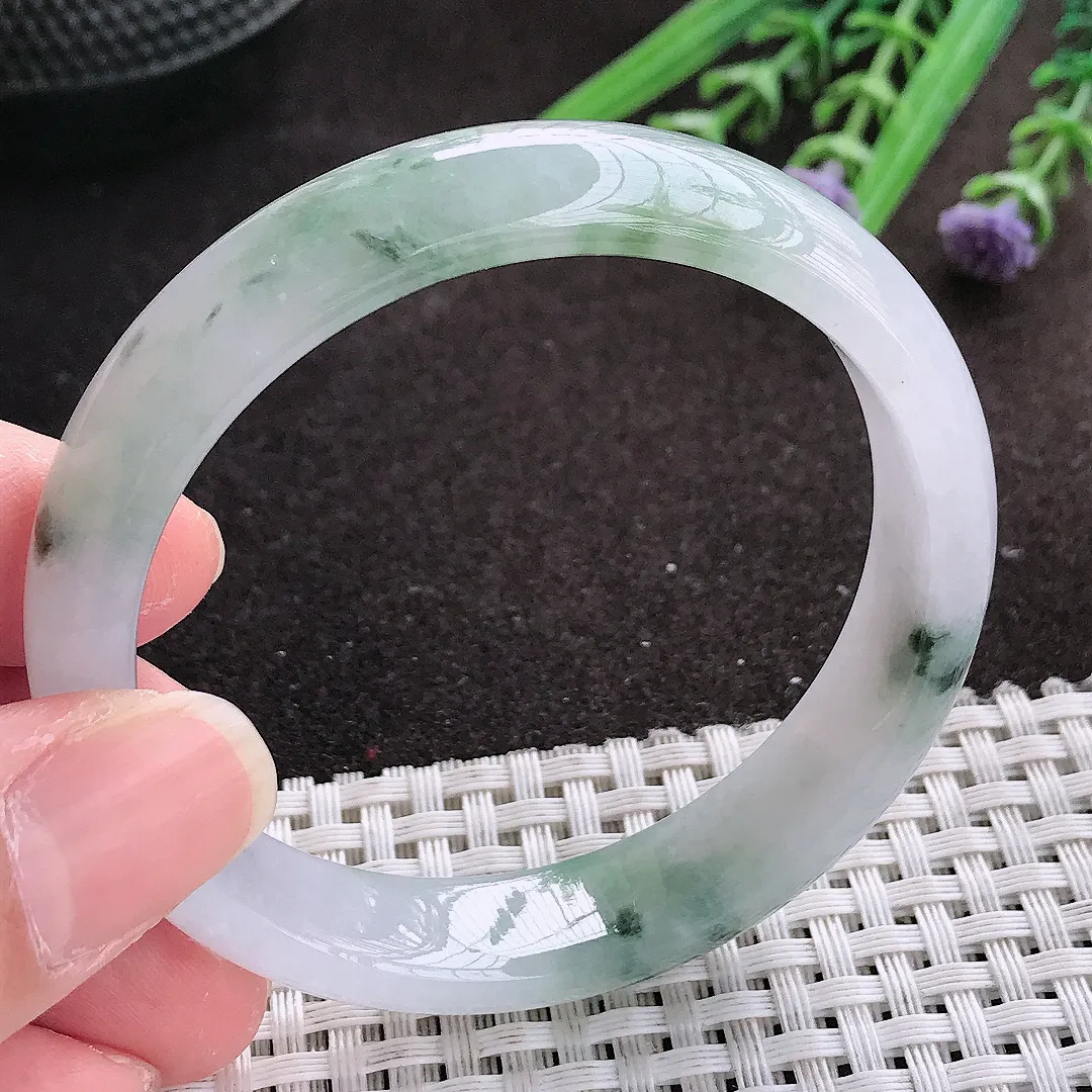 实拍A货翡翠54/12.6/6.8老坑冰胶水灵飘花手镯宽边翡翠玉镯女款