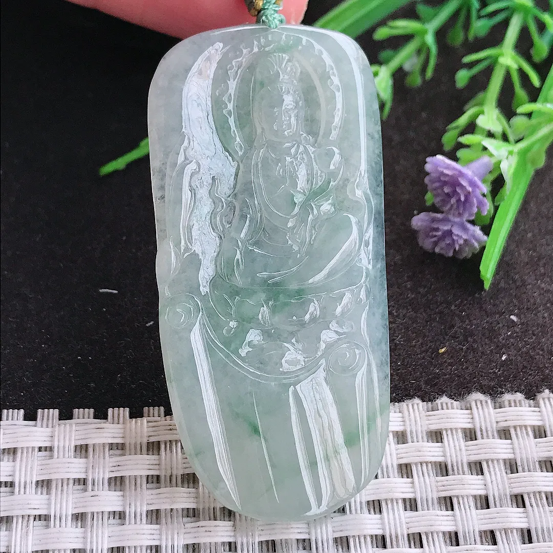 实拍A货翡翠56.3/27/4.3老坑冰胶水灵飘花赐福观音吊坠翡翠挂件
