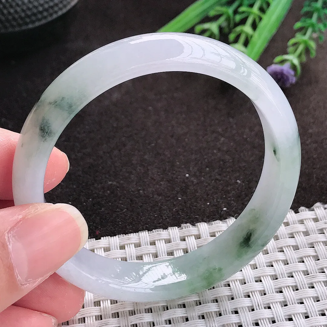 实拍A货翡翠54/12.6/6.8老坑冰胶水灵飘花手镯宽边翡翠玉镯女款