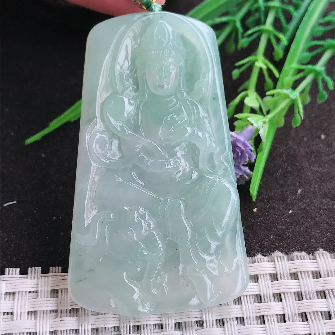 实拍A货翡翠59/36.2/6老坑冰胶果冻冰晴绿普贤菩萨吊坠翡翠挂件