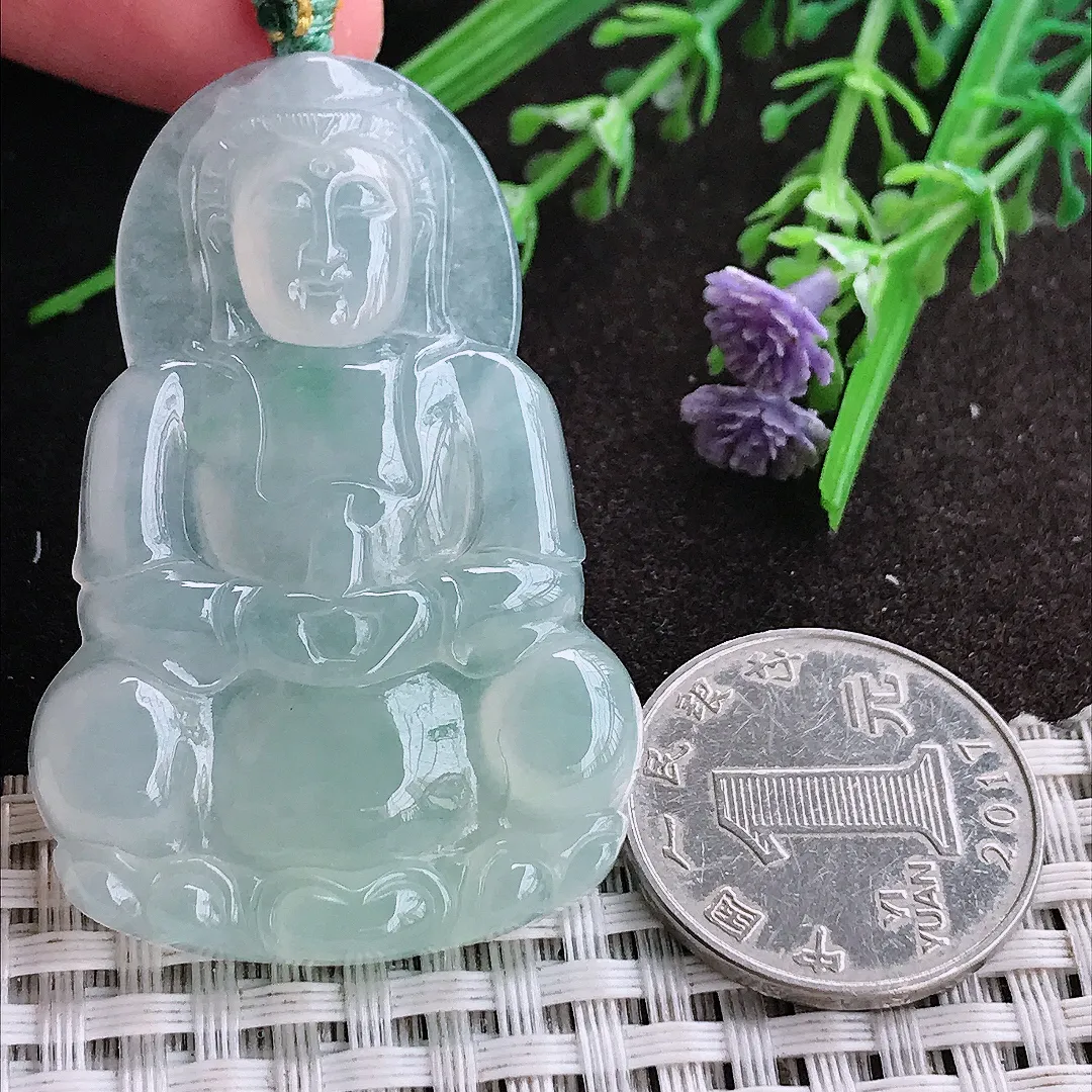 实拍A货翡翠52.5/34.5/5.8老坑冰种果冻胶冰晴正装观音吊坠翡翠玉观音挂件