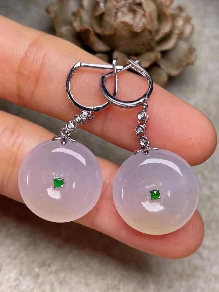 冰种平安扣耳坠、真金真钻镶嵌，种水好，玉质细腻 .裸石尺寸 17.0*