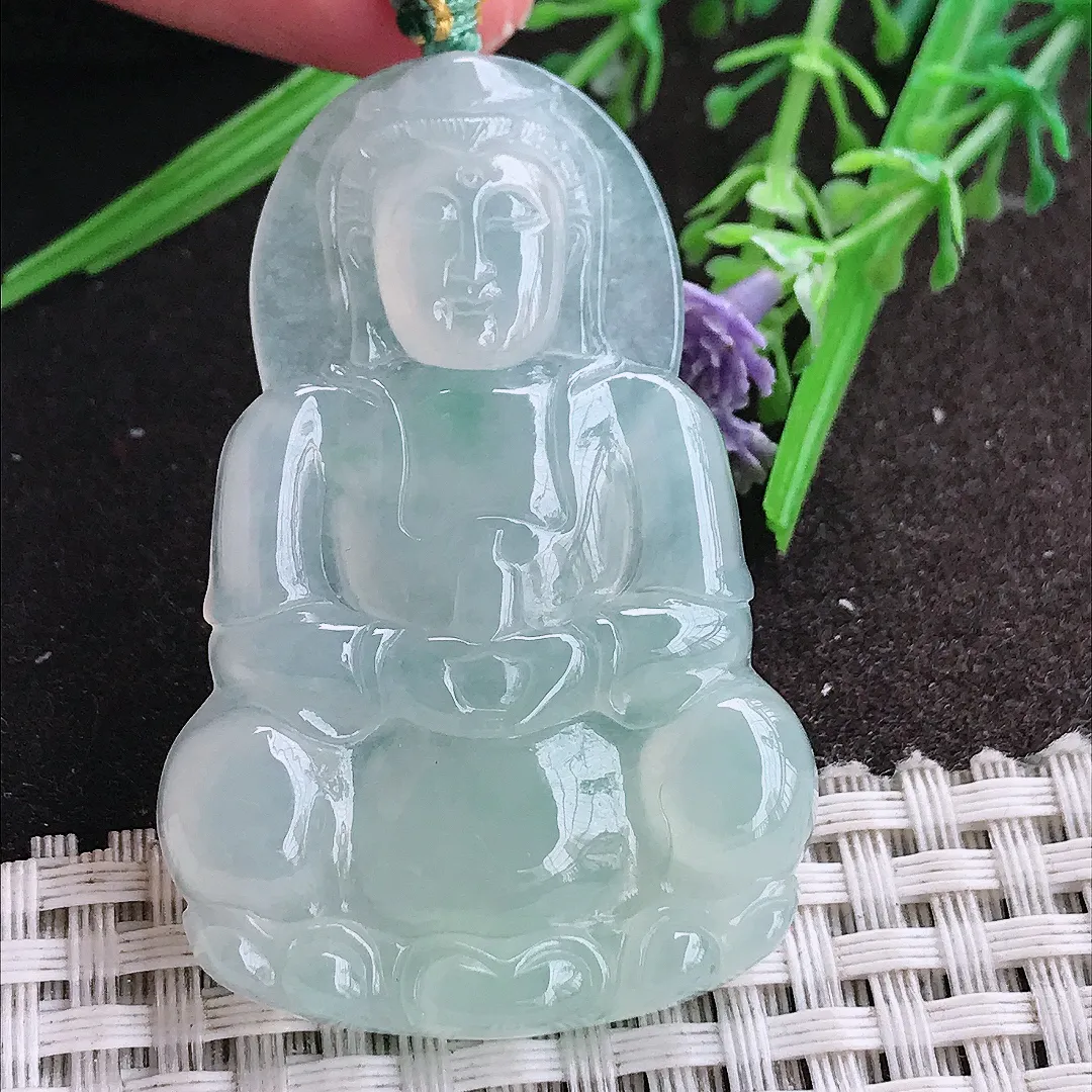 实拍A货翡翠52.5/34.5/5.8老坑冰种果冻胶冰晴正装观音吊坠翡翠玉观音挂件
