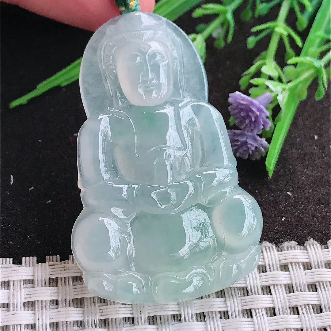 实拍A货翡翠52.5/34.5/5.8老坑冰种果冻胶冰晴正装观音吊坠翡翠玉观音挂件
