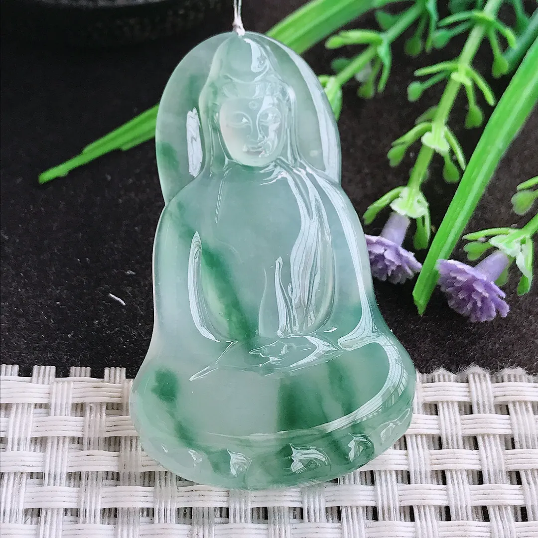 实拍A货翡翠51.5/33/5.8老坑冰种果冻胶冰飘花素衣观音吊坠翡翠玉观音挂件
