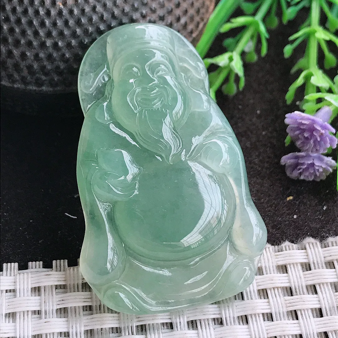 实拍A货翡翠48.5/31.5/5.6老坑冰胶水灵冰晴绿财神爷吊坠翡翠挂件