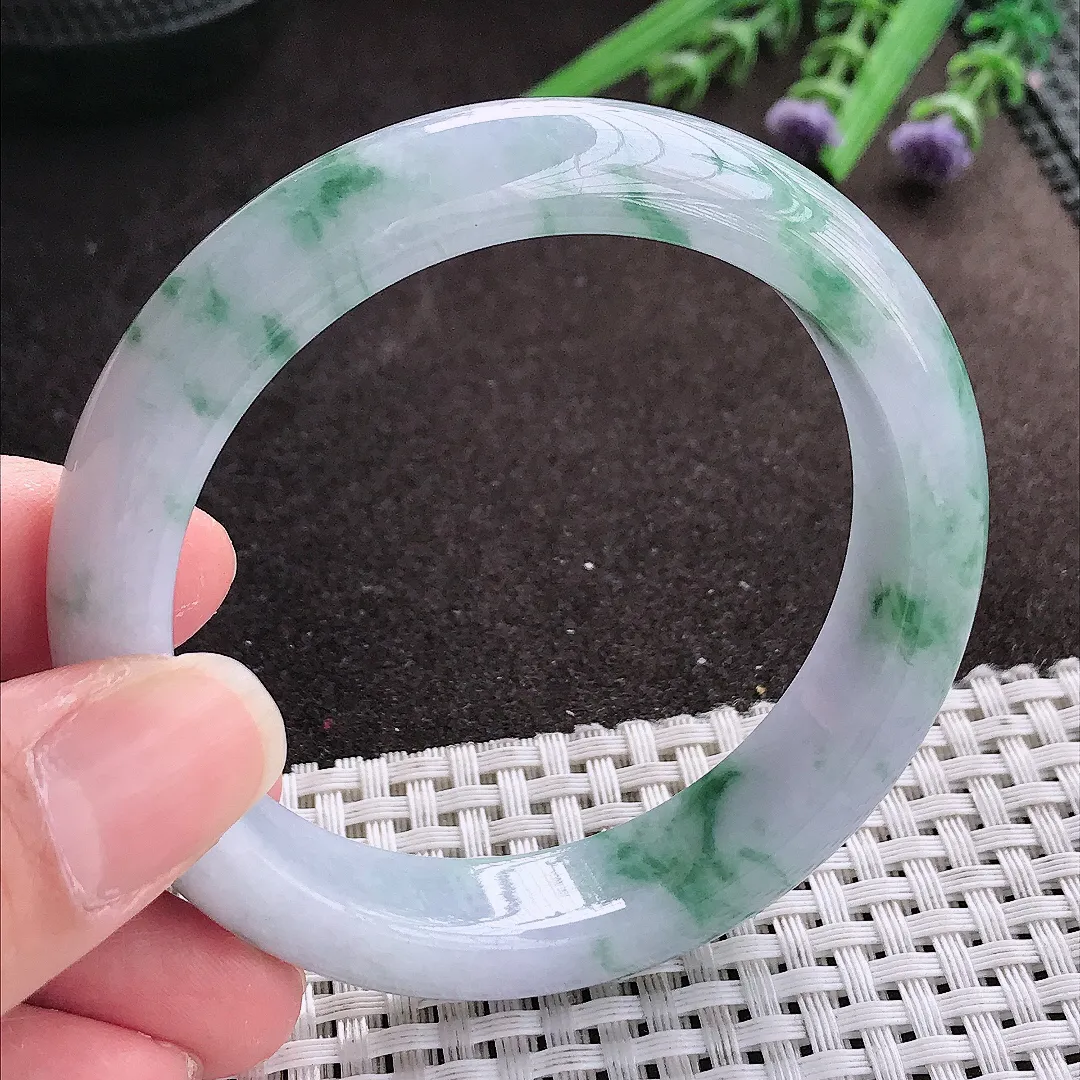 实拍A货翡翠56/13.2/8.5老坑冰胶水灵紫罗兰飘花手镯宽边翡翠玉镯女款
