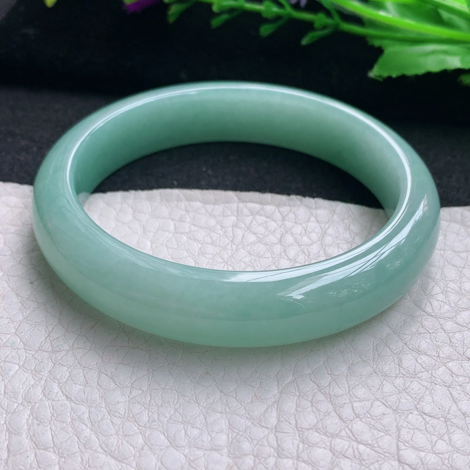 js实拍56*12.5*7.8平安镯 天然缅甸翡翠冰胶蓝韵水润玉手镯 宽边玉手环