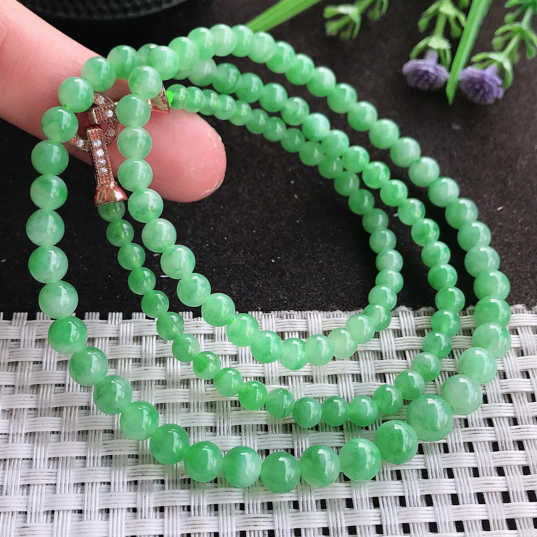 实拍A货翡翠4.1/7.5/113颗老坑冰胶满绿阳绿塔珠项链手链翡翠玉珠圆珠手链