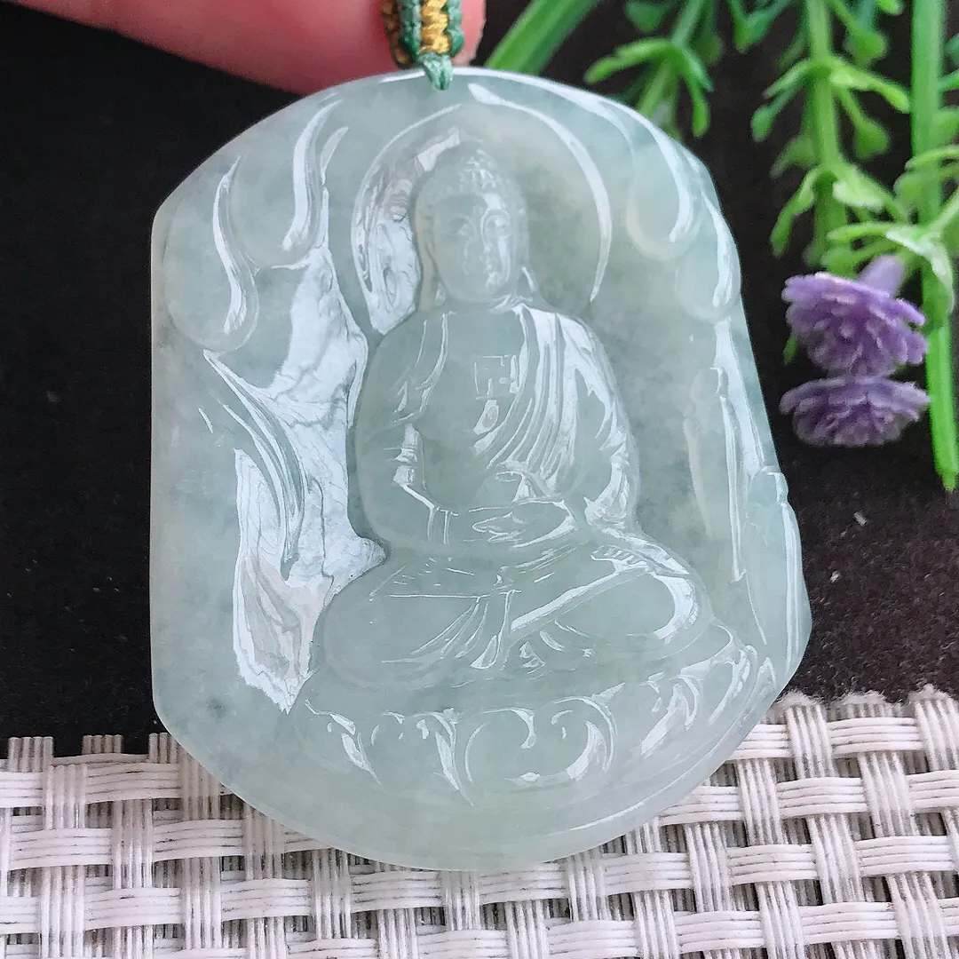 实拍A货翡翠51.2/43.8/4.9老坑冰润起胶冰晴如来佛祖吊坠翡翠挂件