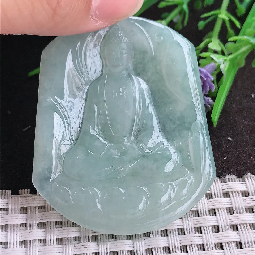 实拍A货翡翠51.3/43.7/4.8老坑冰胶水灵冰晴大日如来佛祖吊坠翡翠挂件