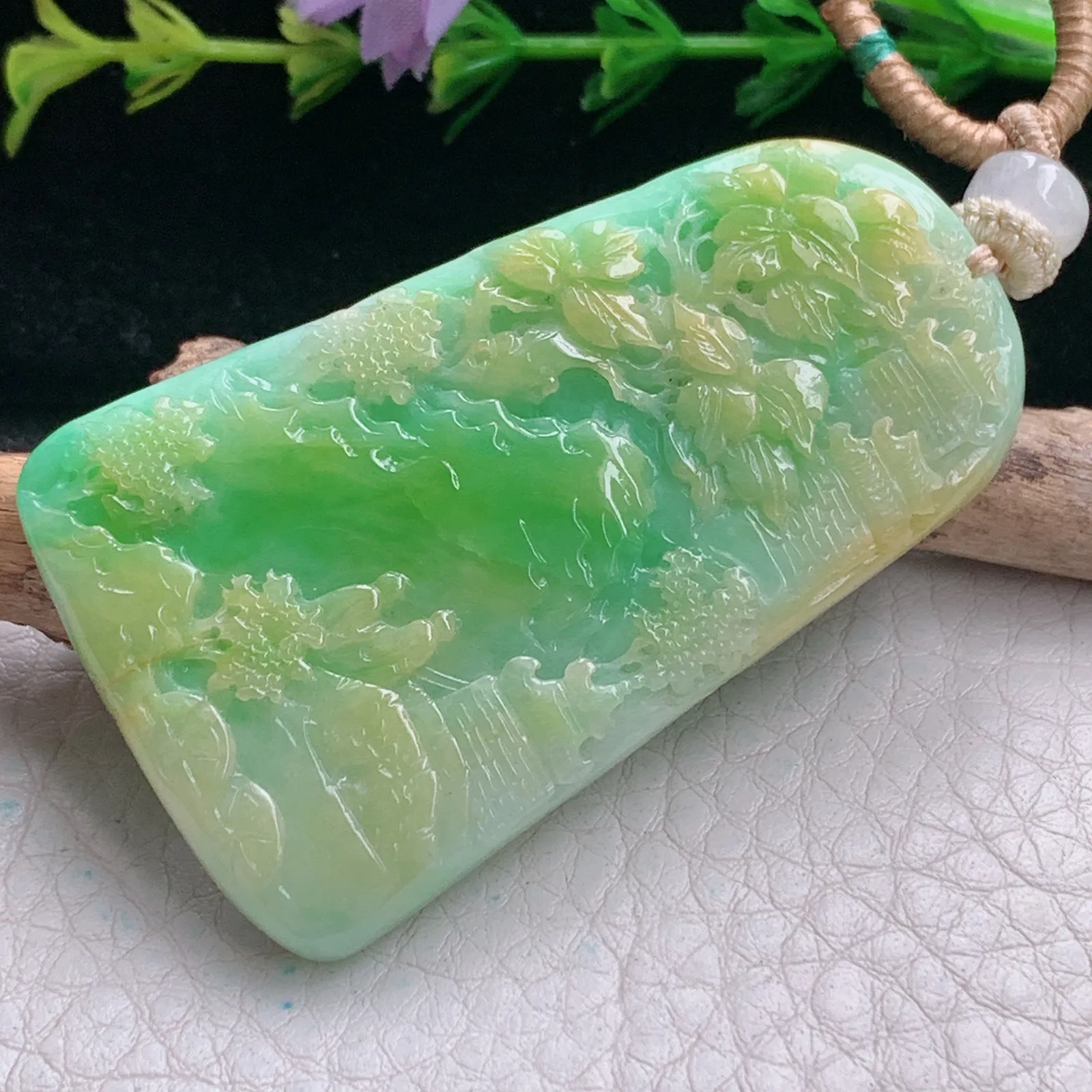 cys实拍56.5*33.5*6.5缅甸翡翠精雕三彩山水 富甲天下玉吊坠