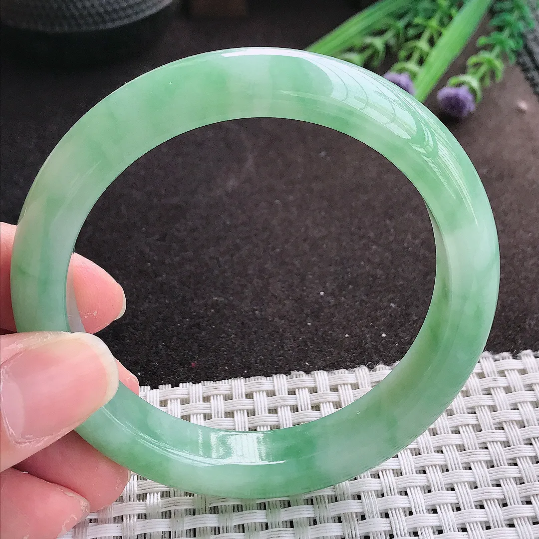 实拍A货翡翠60/12.5/8.8老坑冰胶果冻芙蓉种满绿手镯宽边翡翠玉镯女款