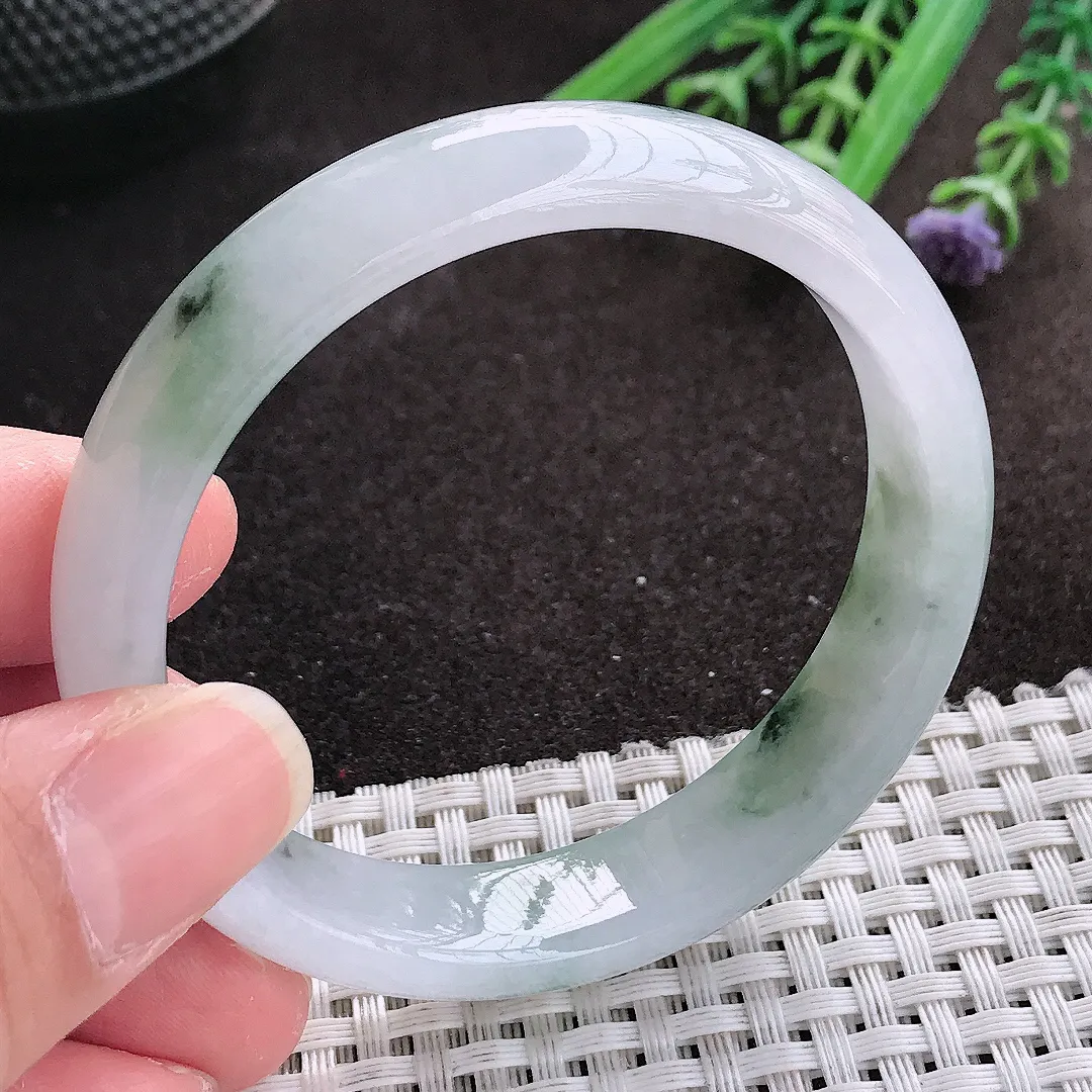 实拍A货翡翠54/12.6/6.8老坑冰胶水灵飘花手镯宽边翡翠玉镯女款