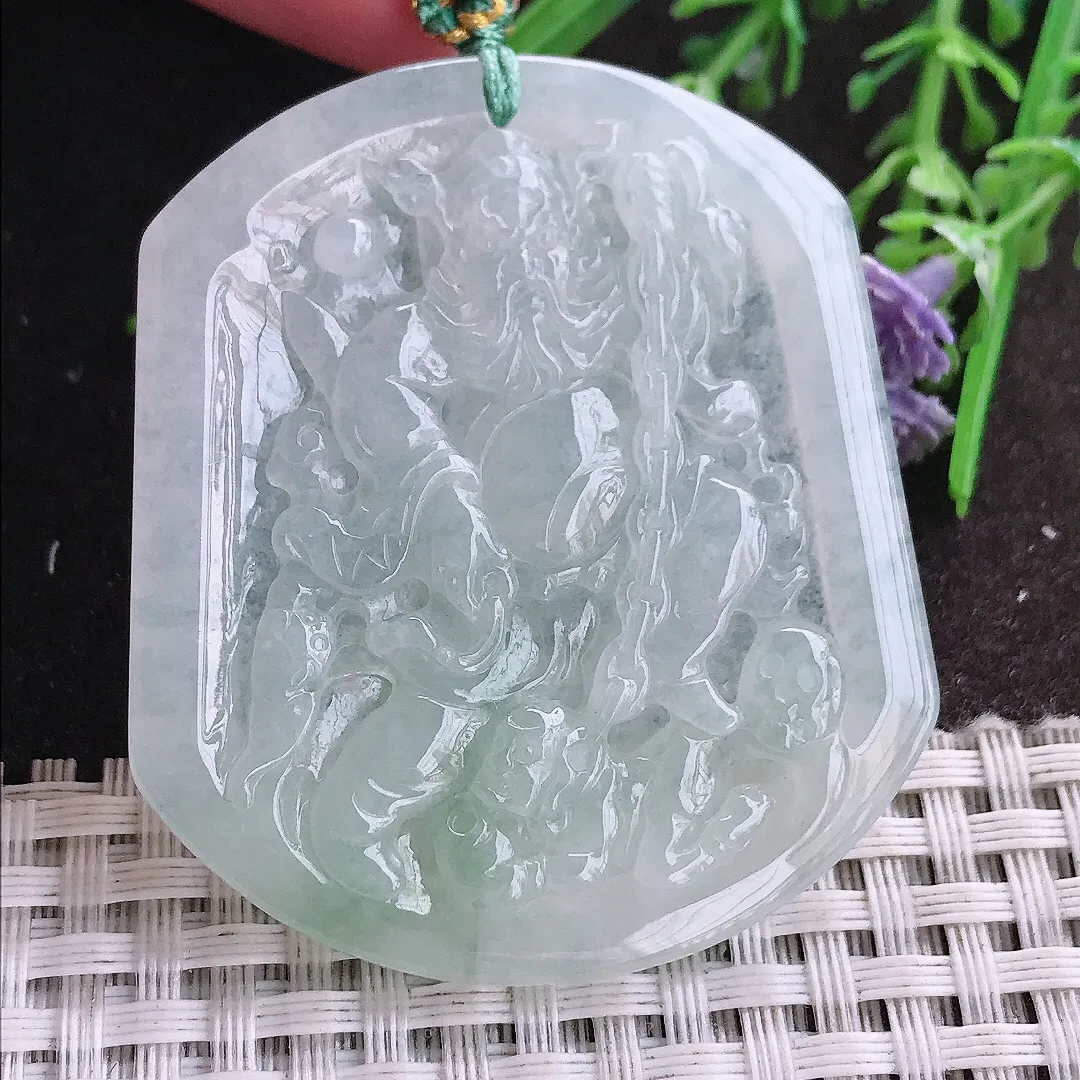 实拍A货翡翠52/45.3/5.2老坑冰胶水灵钟馗伏魔吊坠翡翠挂件