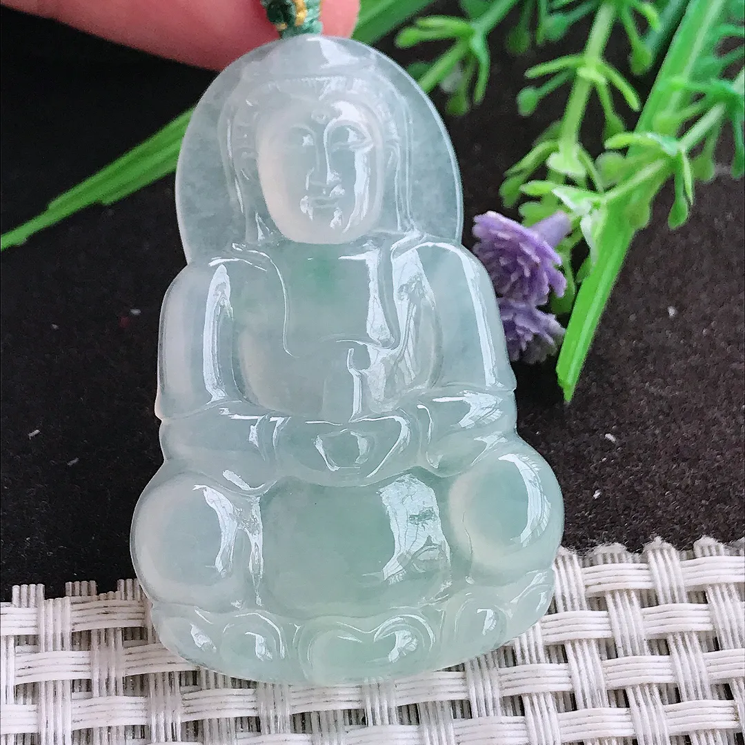 实拍A货翡翠52.5/34.5/5.8老坑冰种果冻胶冰晴正装观音吊坠翡翠玉观音挂件
