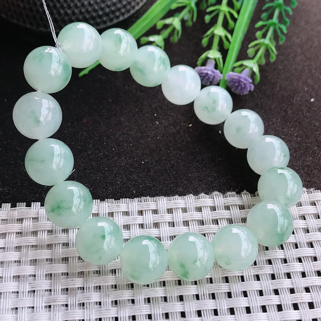 实拍A货翡翠12.1/17颗老坑冰胶果冻冰飘花圆珠手链玉珠手串男款女款
