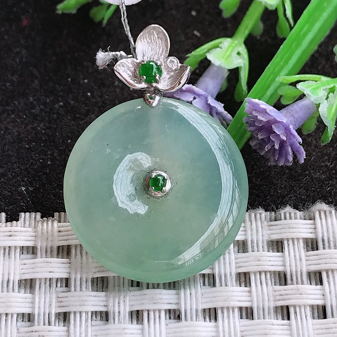 实拍A货翡翠21.4/4.5老坑18k金镶嵌冰种冰晴平安扣吊坠翡翠挂件