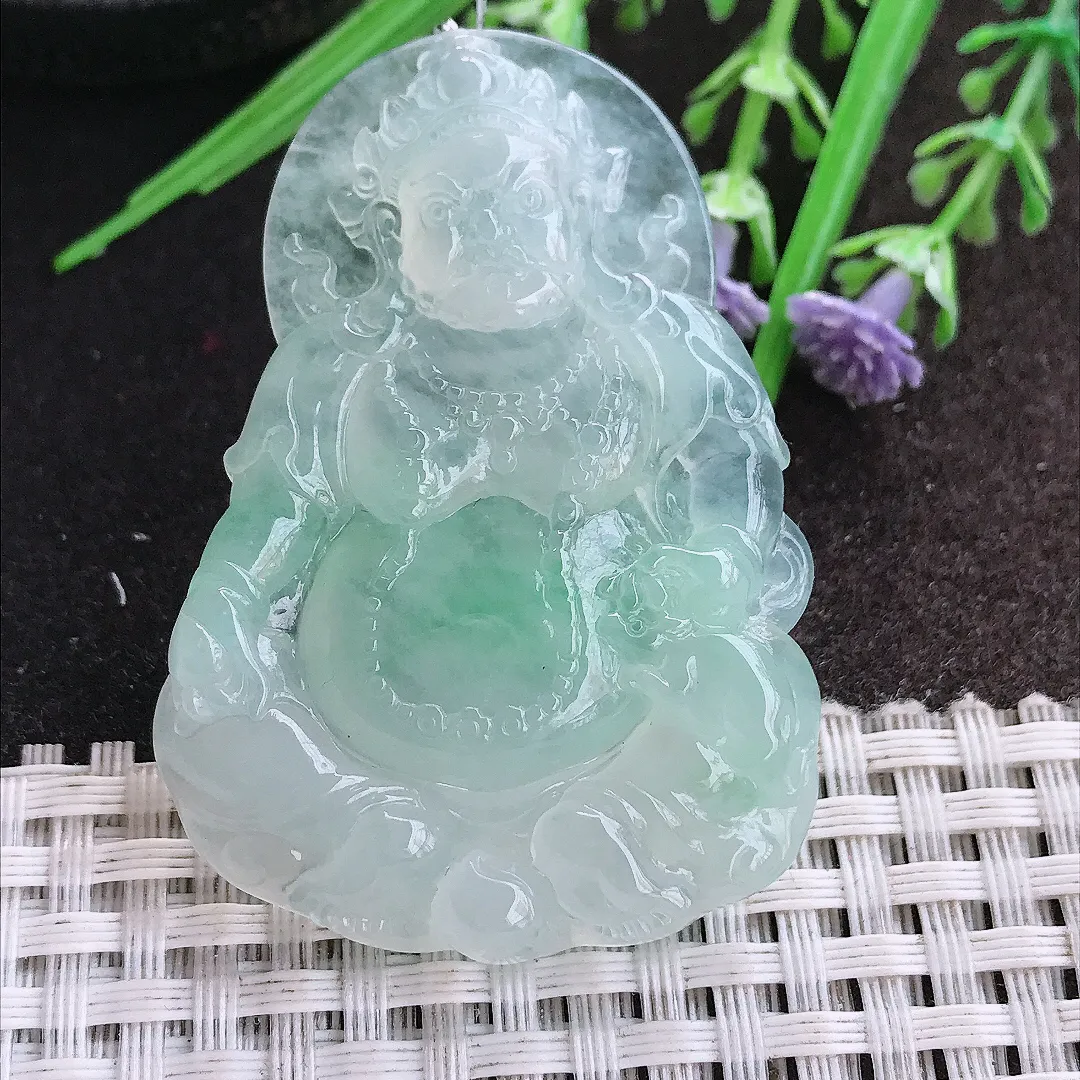 实拍A货翡翠62.8/37.8/7.2老坑冰胶果冻冰晴飘绿黄财神吊坠翡翠挂件