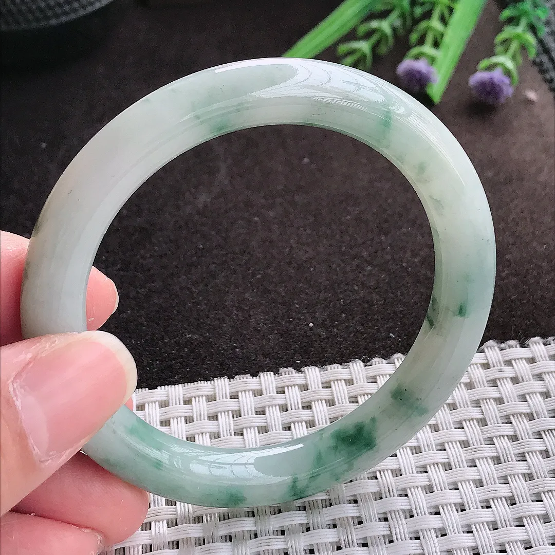 实拍A货翡翠53.8/9.3/9.1老坑冰润飘花圆条手镯翡翠玉镯女款
