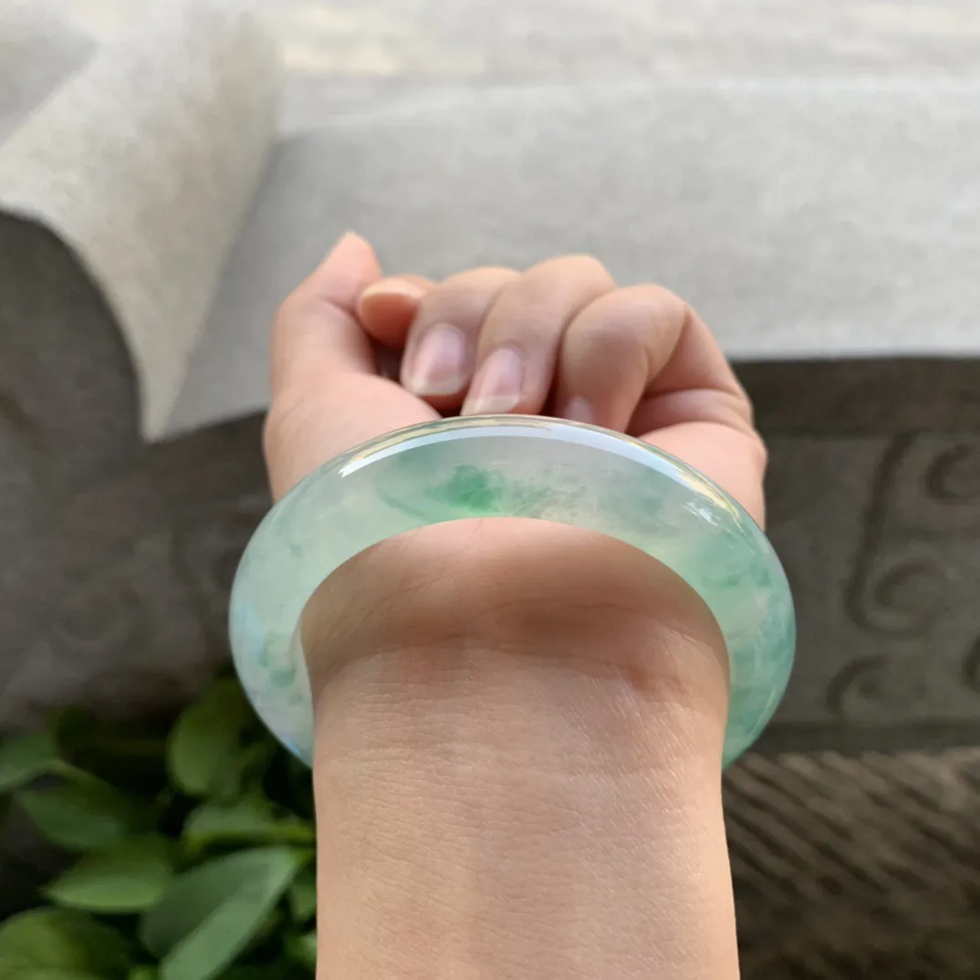 小圈口53.8-12-8.5 【冰种飘绿花正圈手镯】正圈53 54可戴