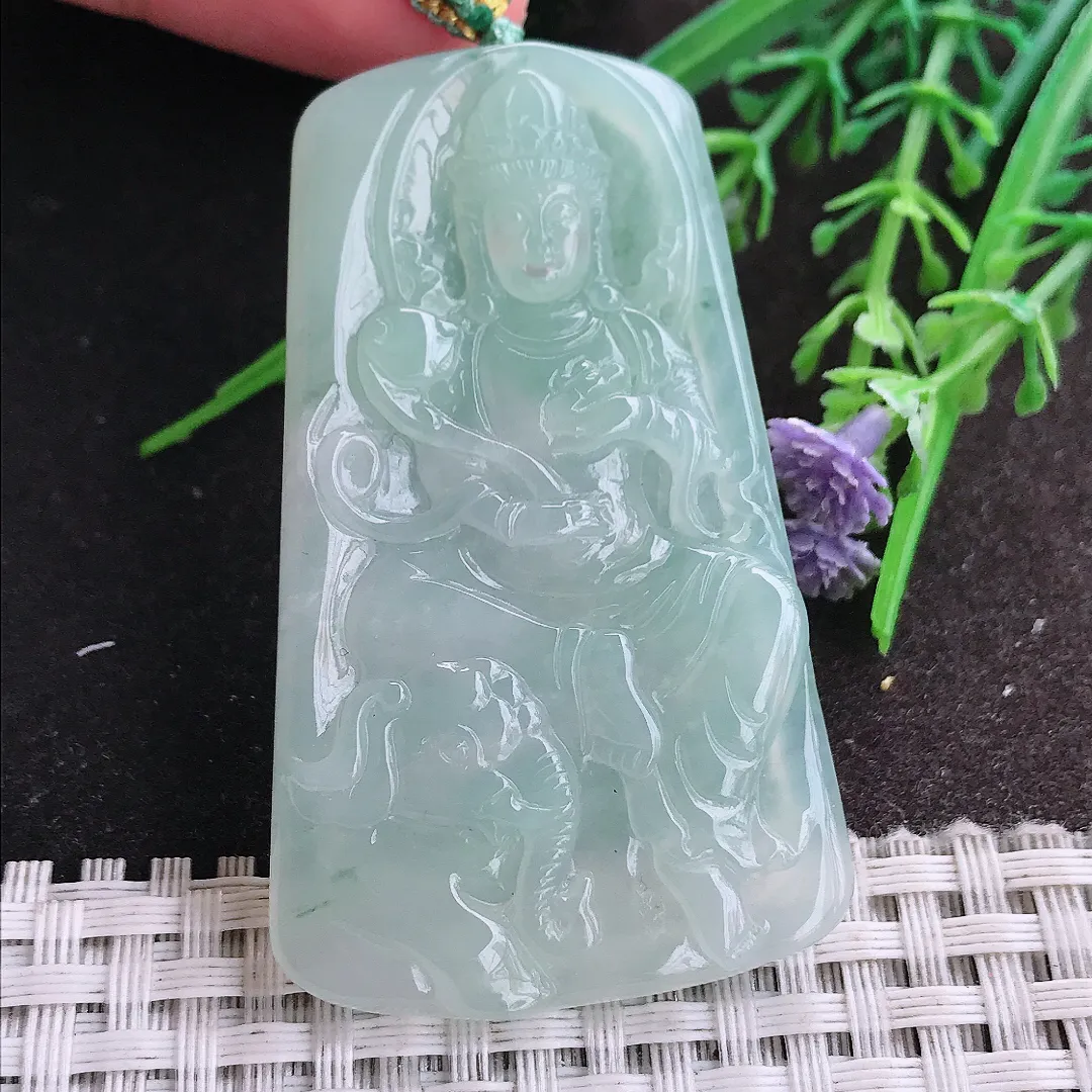 实拍A货翡翠59/36.2/6老坑冰胶果冻冰晴绿普贤菩萨吊坠翡翠挂件