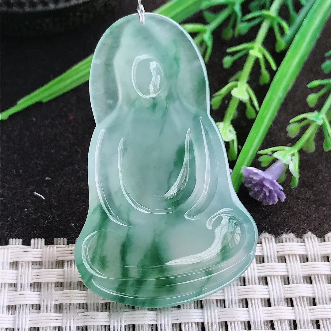 实拍A货翡翠51.5/33/5.8老坑冰种果冻胶冰飘花素衣观音吊坠翡翠玉观音挂件