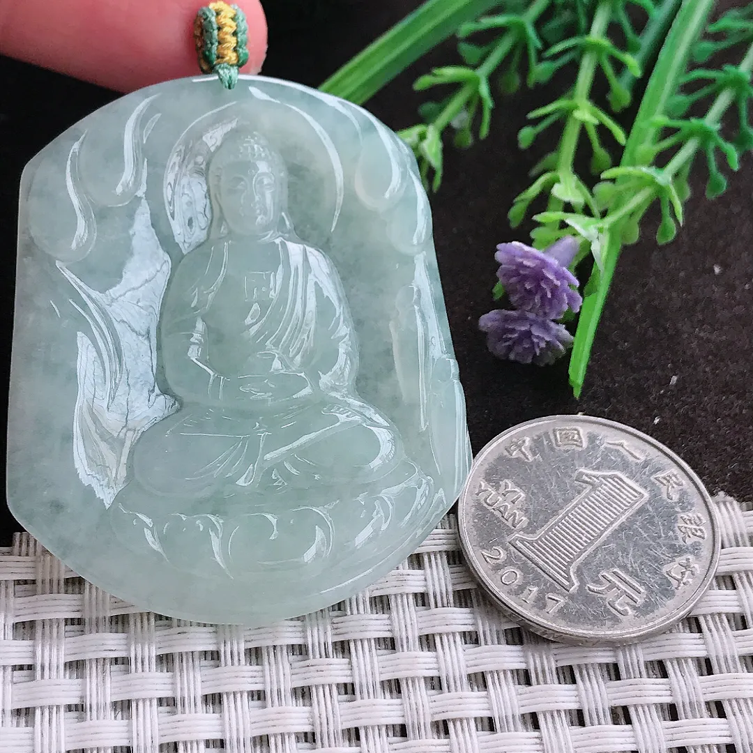 实拍A货翡翠51.2/43.8/4.9老坑冰润起胶冰晴如来佛祖吊坠翡翠挂件