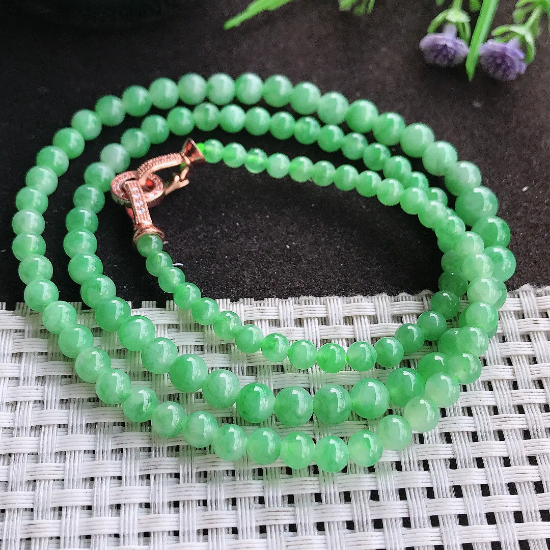 实拍A货翡翠4.1/7.5/113颗老坑冰胶满绿阳绿塔珠项链手链翡翠玉珠圆珠手链