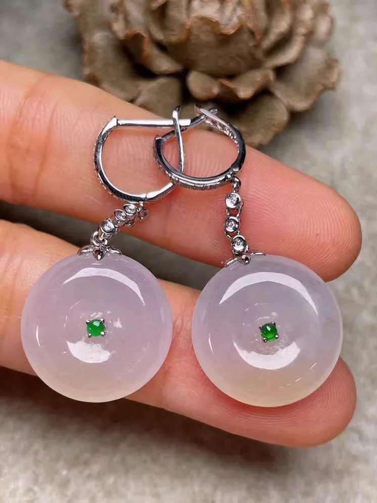 冰种平安扣耳坠、真金真钻镶嵌，种水好，玉质细腻 .裸石尺寸 17.0*