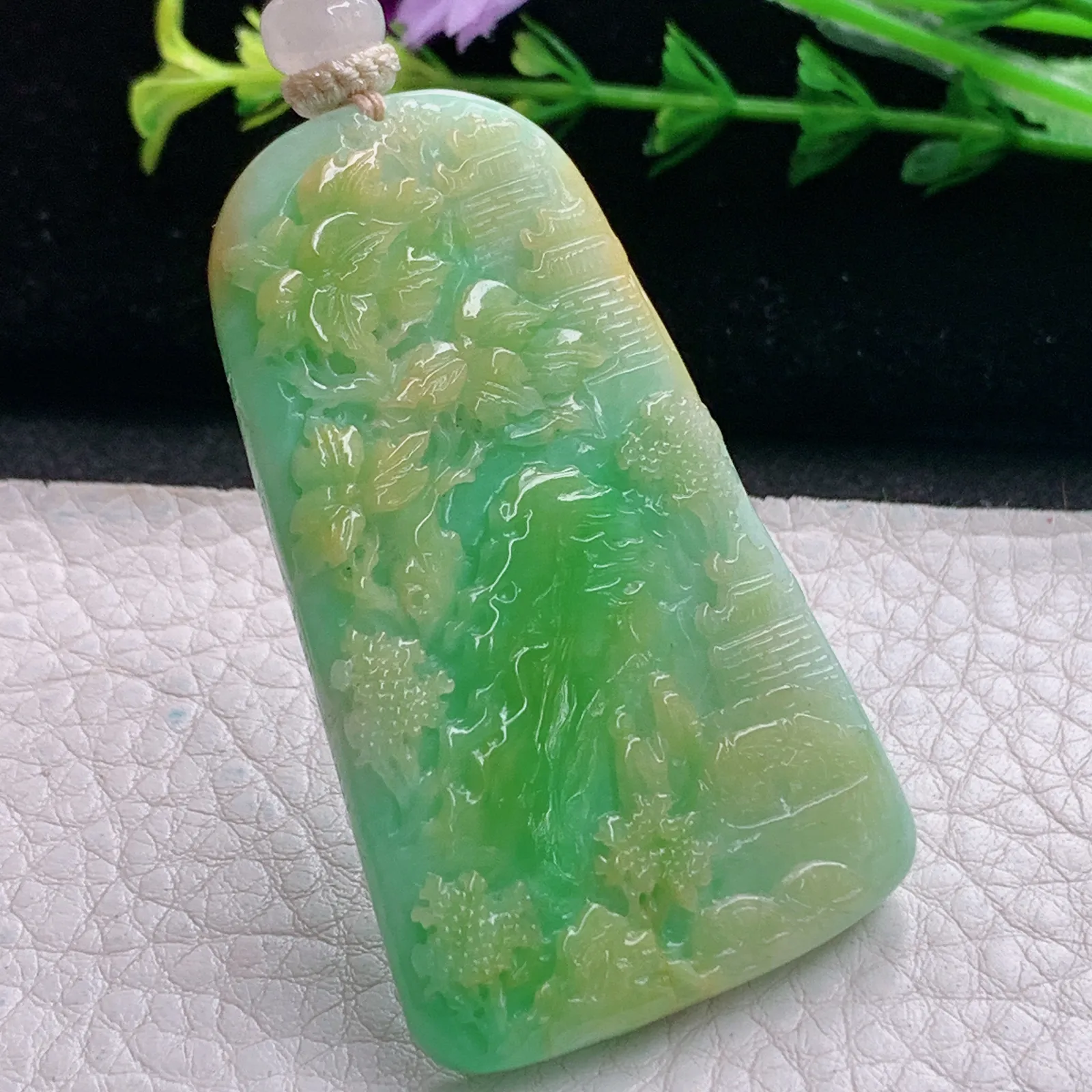 cys实拍56.5*33.5*6.5缅甸翡翠精雕三彩山水 富甲天下玉吊坠