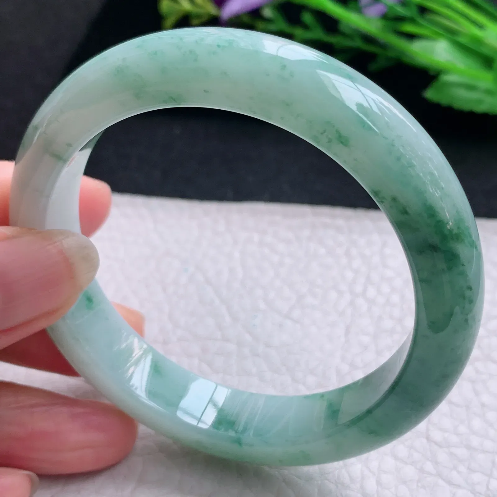 ym实拍56.8*12.8*8.6平安镯 天然缅甸翡翠飘花玉手镯灵动宽边玉手环