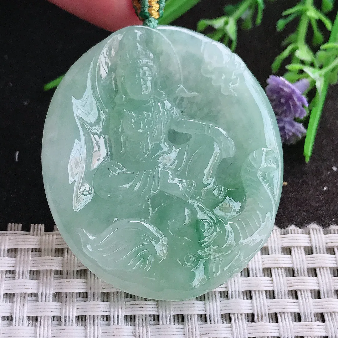 实拍A货翡翠48/42.3/6老坑冰胶水灵冰晴甜绿普贤菩萨吊坠翡翠挂件