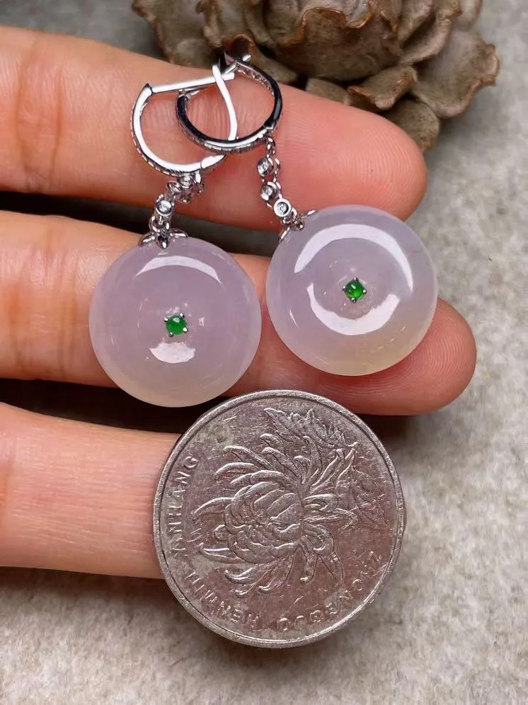 冰种平安扣耳坠、真金真钻镶嵌，种水好，玉质细腻 .裸石尺寸 17.0*