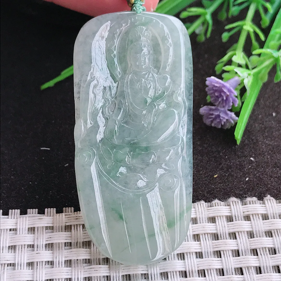 实拍A货翡翠56.3/27/4.3老坑冰胶水灵飘花赐福观音吊坠翡翠挂件
